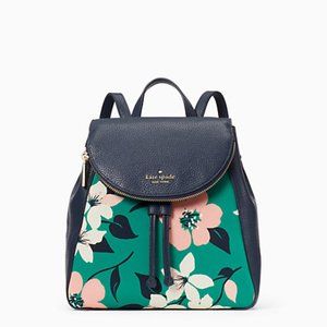 Kate Spade Leila Medium Flap Backpack Lily Blooms Green Multi Color